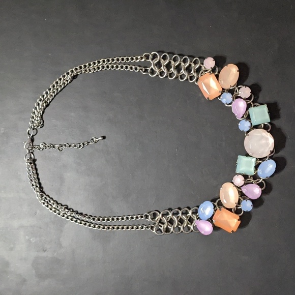 SILVER Tone Pastel Spring Colors Rhinestone Statement Necklace - Picture 1 of 5